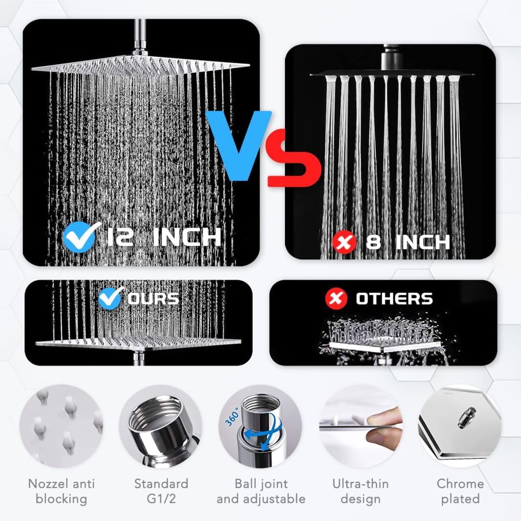 12''Rainfall Shower Head with Handheld Combo High Pressure 8+2 MODE built-in power wash, Stainless Steel Chrome Showerhead with 11'' Extension Arm Height/Angle Adjustable with Holder&60"Hose