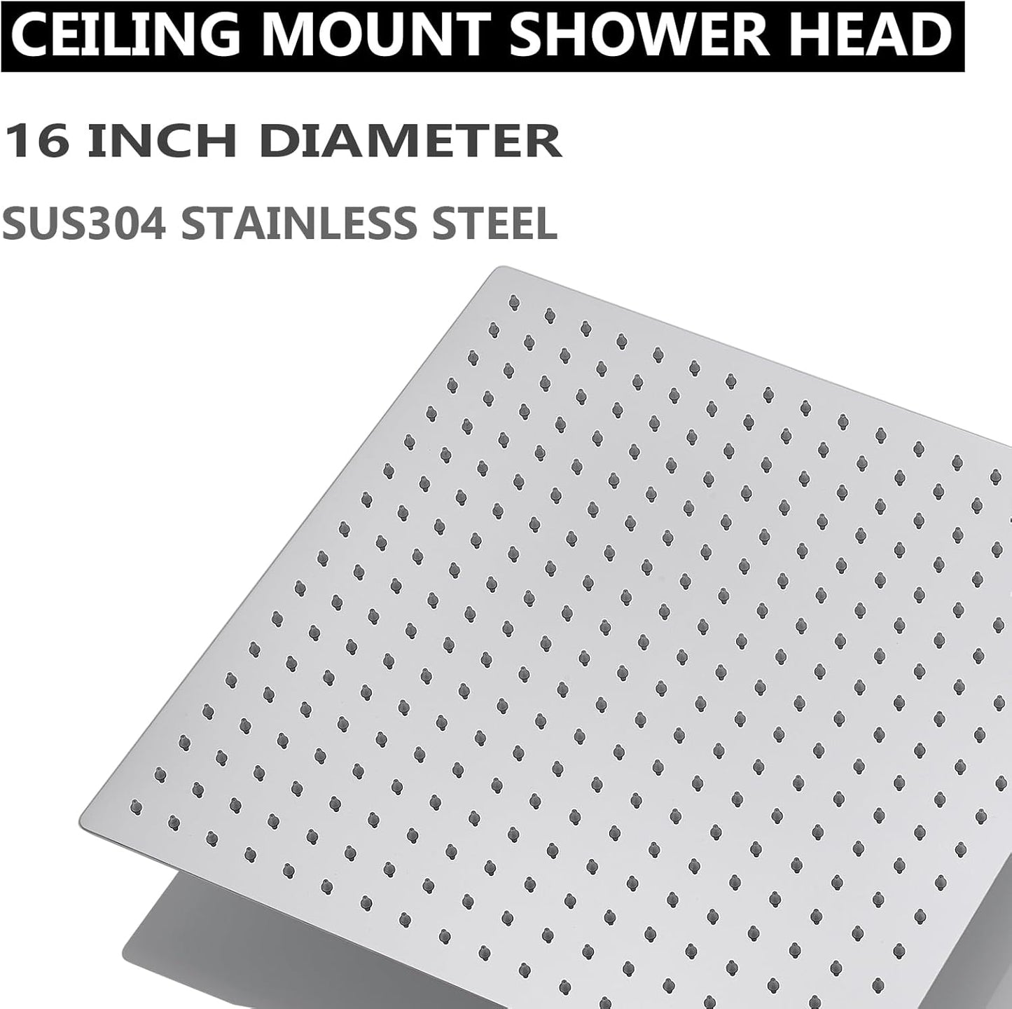 16 Inch Rain Shower Head Extra Large Rainfall Shower Head, Ultra Thin Stainless Steel Wall or Ceiling Mount Rain Showerhead, Square, Polished Chrome