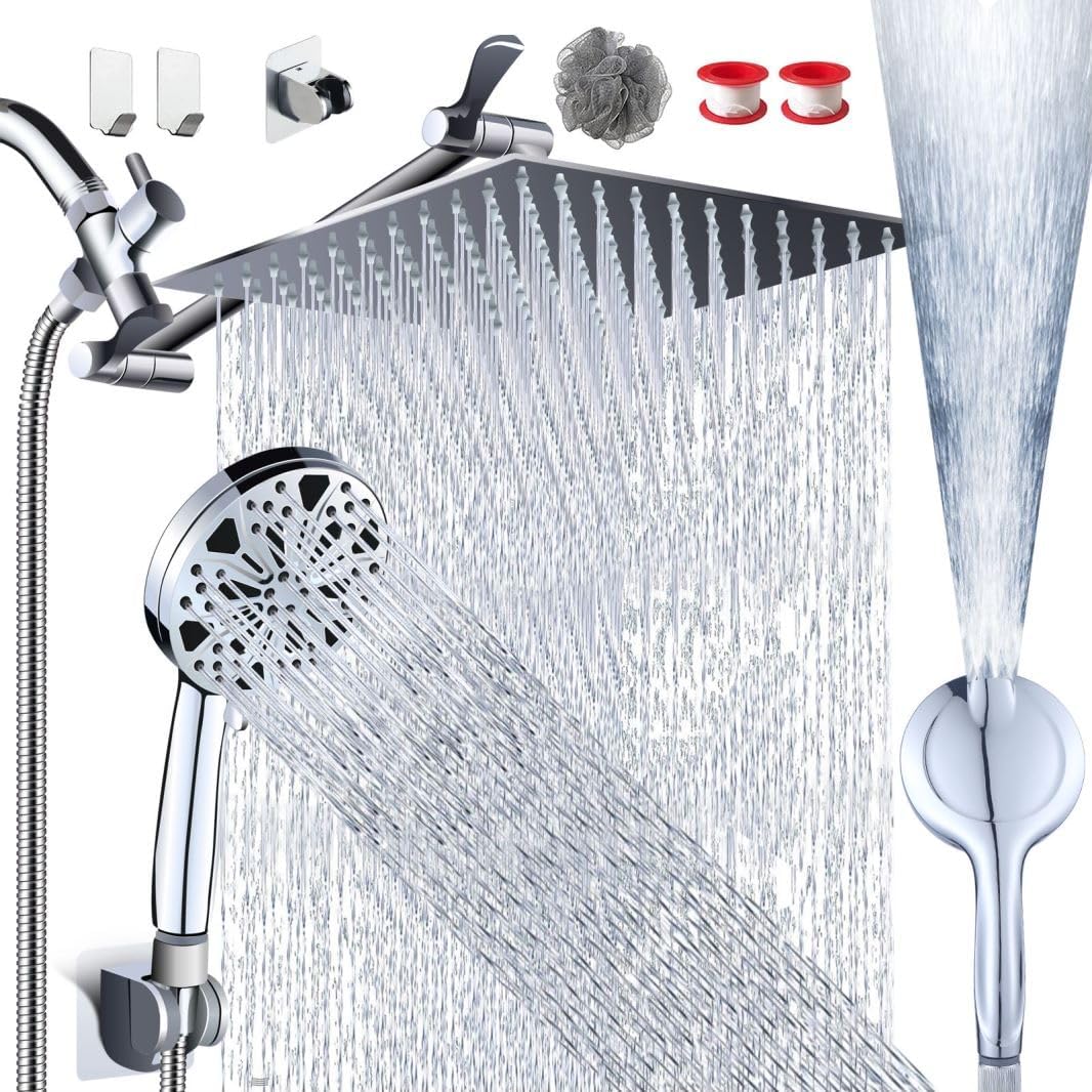 12''Rainfall Shower Head with Handheld Combo High Pressure 8+2 MODE built-in power wash, Stainless Steel Chrome Showerhead with 11'' Extension Arm Height/Angle Adjustable with Holder&60"Hose