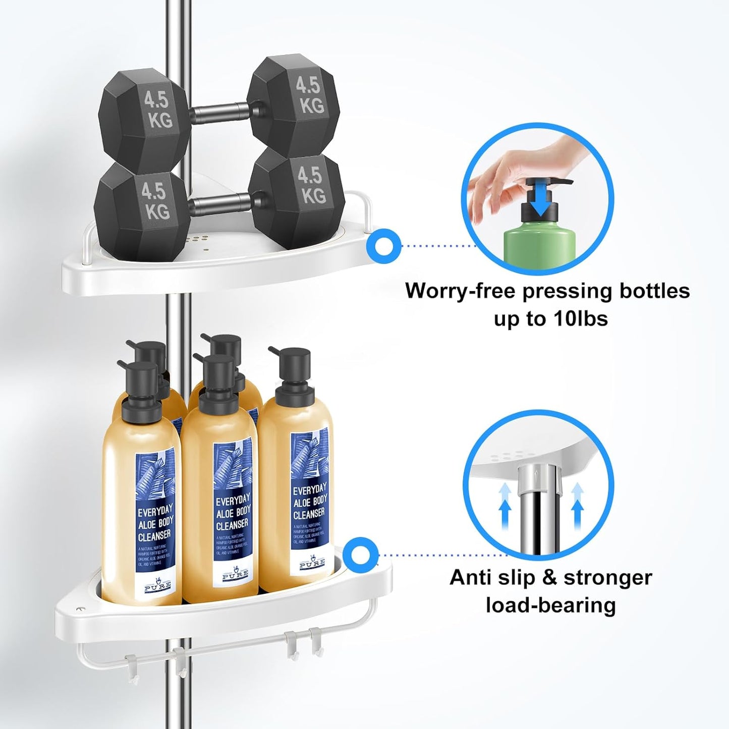 HAMITOR Corner Shower Caddy Tension Pole: Adjustable Stainless Steel Shower Organizer with 4 Tier Shelf for Bathroom Bathtub Tub Shampoo - Floor Standing Rack Bath Storage Holder with Rust Proof Rods