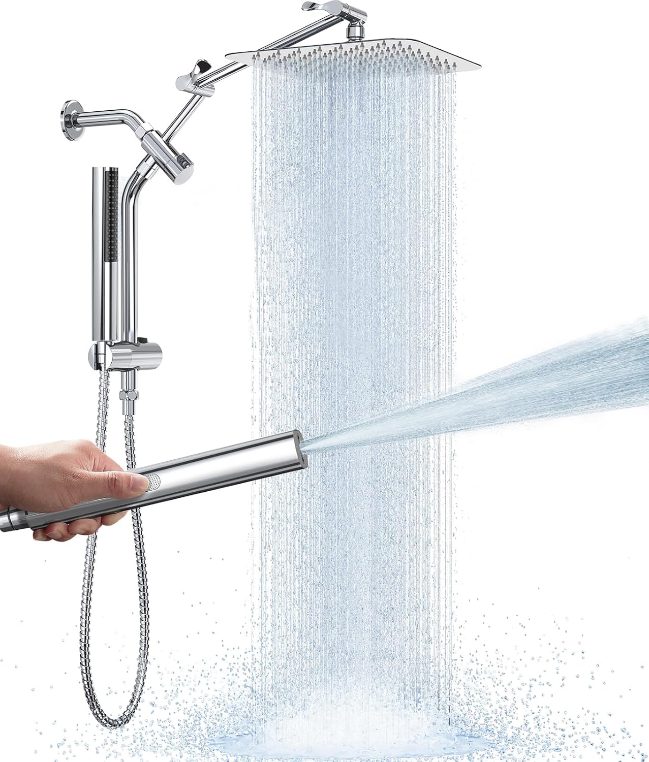 Veken Brushed Nickel Shower Head, 10'' All Metal Rain Shower Heads with Handheld Spray Combo, Hand Held Bathroom Combo with Extension Arm, Dual shower with Power Wash, Adjustable Rainfall Showerhead