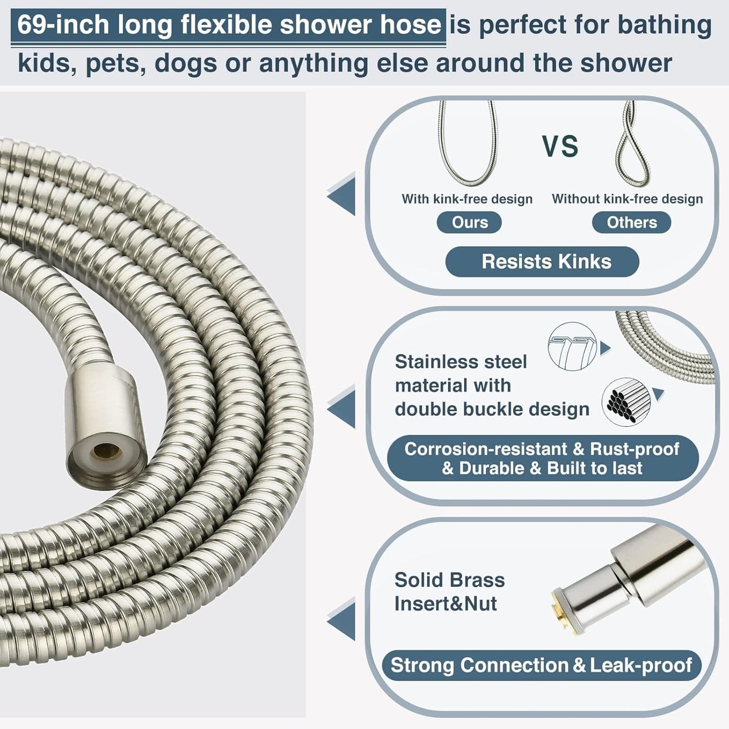 BRIGHT SHOWERS Stainless Steel Slide Bar Grab Rail Set Ada compliant Includes Handheld Shower Head and 69-Inch Hose (Brushed Nickel)
