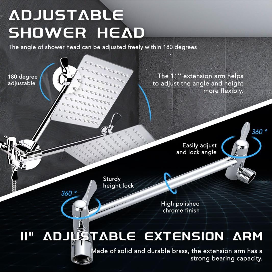 12''Rainfall Shower Head with Handheld Combo High Pressure 8+2 MODE built-in power wash, Stainless Steel Chrome Showerhead with 11'' Extension Arm Height/Angle Adjustable with Holder&60"Hose