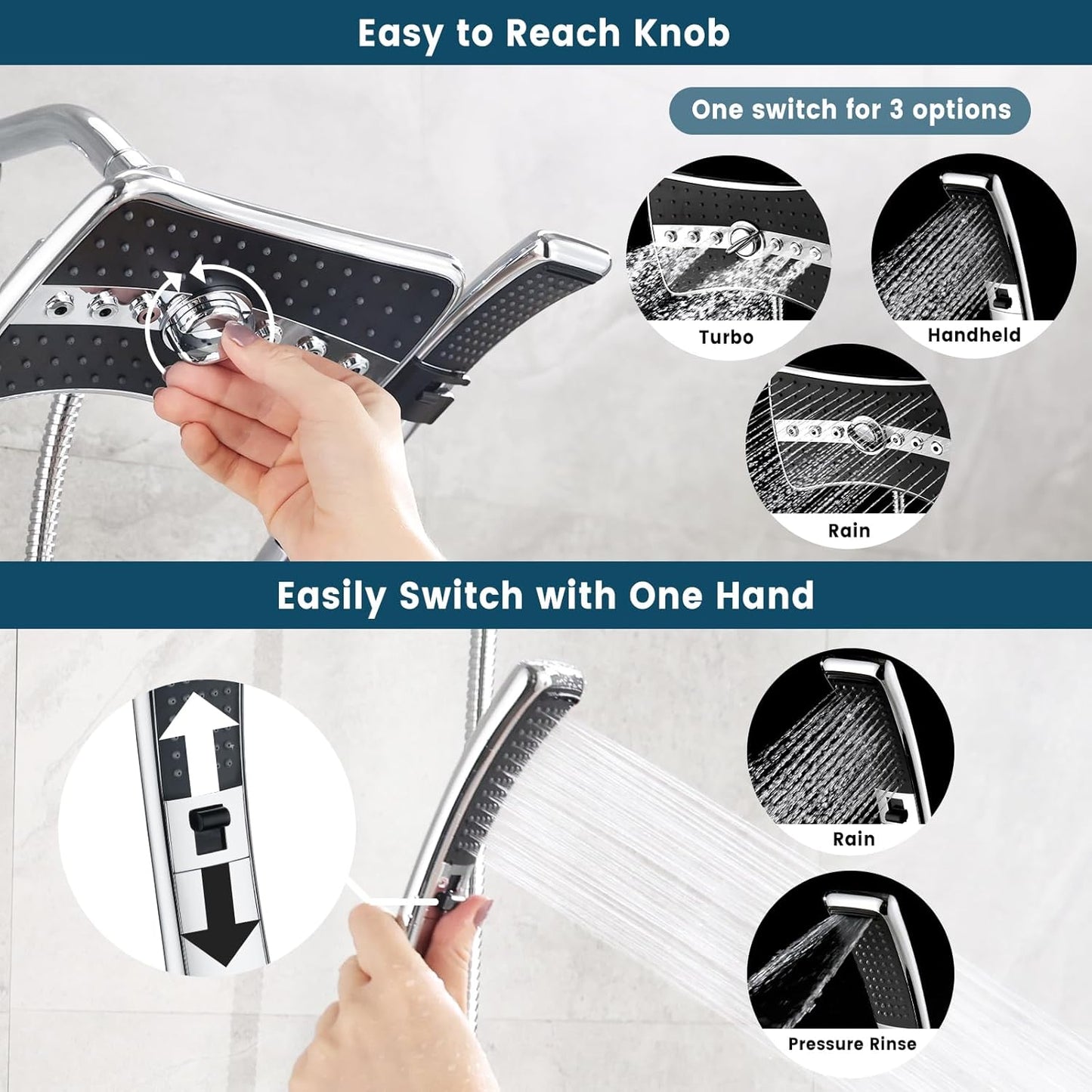 BRIGHT SHOWERS High Pressure Dual Shower Head Combo, Handheld Showerhead Rainfall Shower Head Set with Black Face, 60 Inch Long Stainless Steel Shower Hose, Chrome