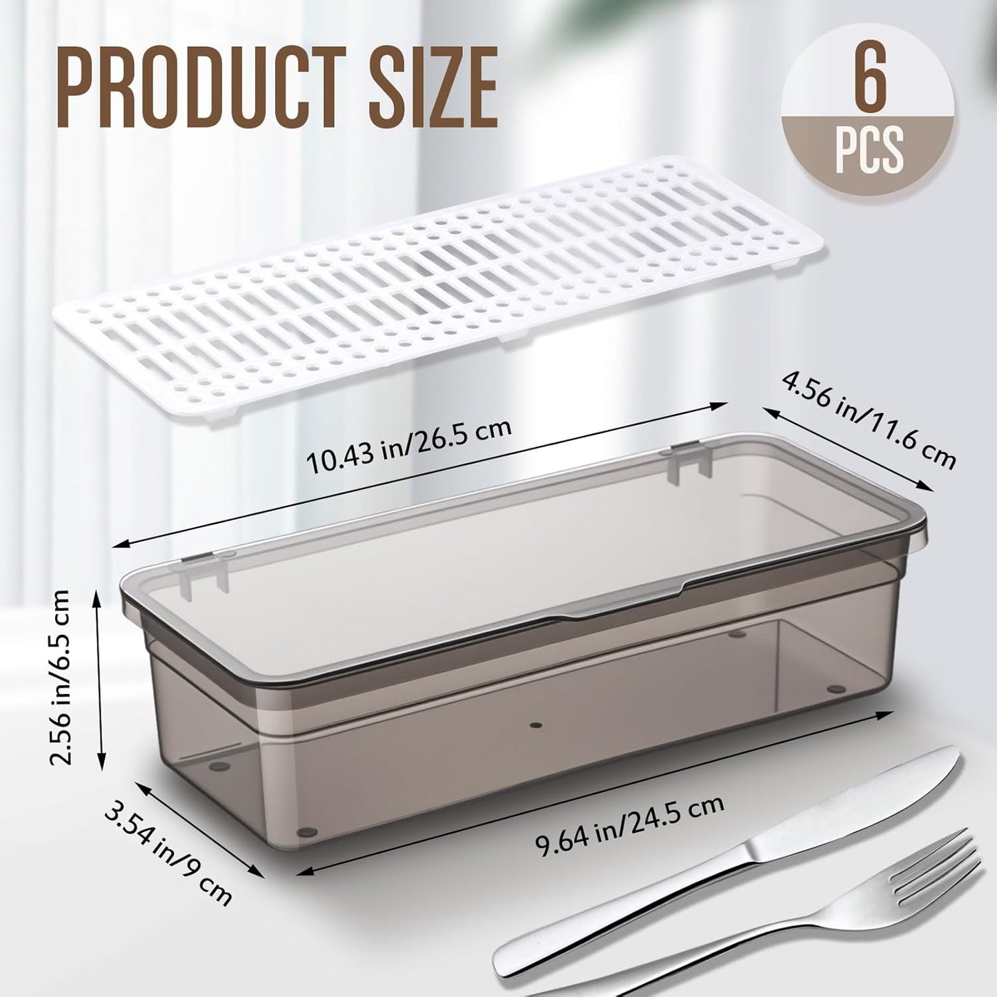 Remerry 6 Pcs Flatware Tray with Lid and Drainer, Plastic Utensil Organizer, Kitchen Cutlery Transparent Storage Box with Lid and Drain Rack, Drawer Tableware Storage Box for Home and Travel (Grey)