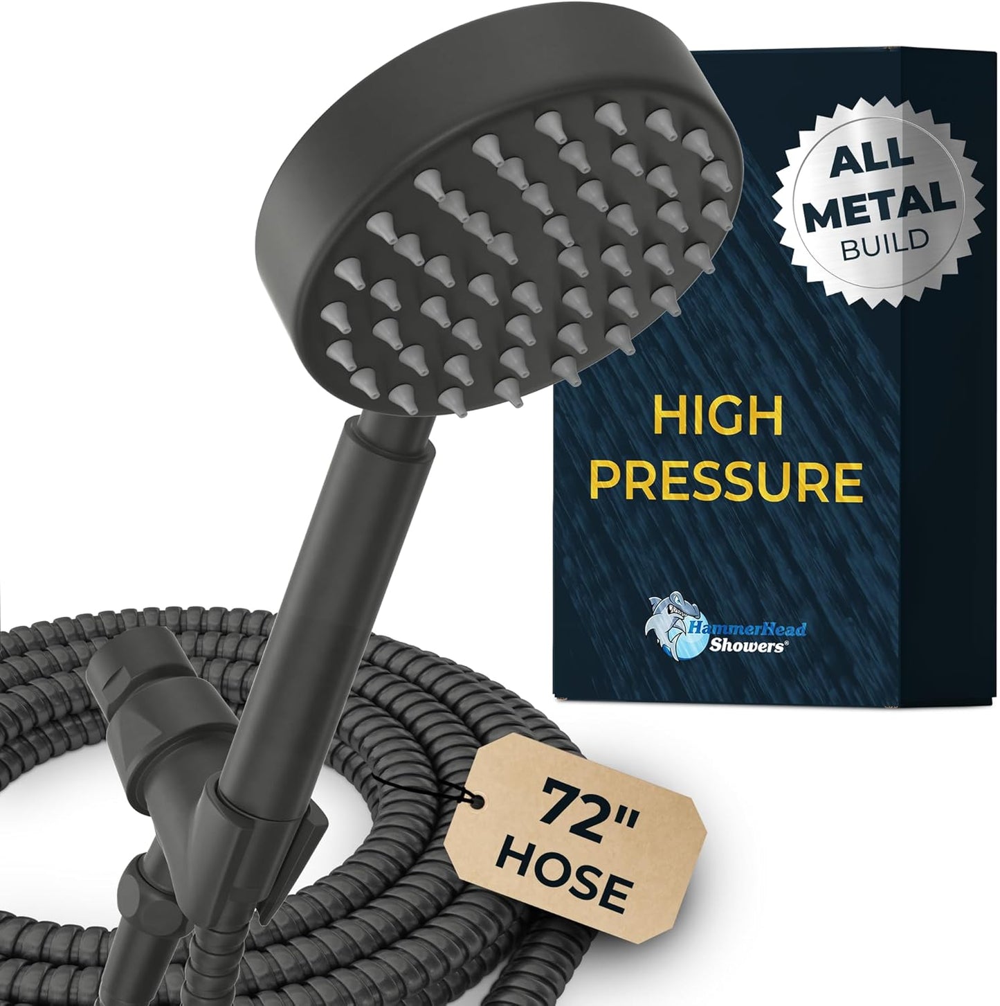 HammerHead Showers® ALL METAL Handheld Shower Head with Hose and Brass Holder - CHROME - 2.5 GPM High Pressure Shower Heads with Adjustable Shower Wand Bracket - 6ft Flexible Extension