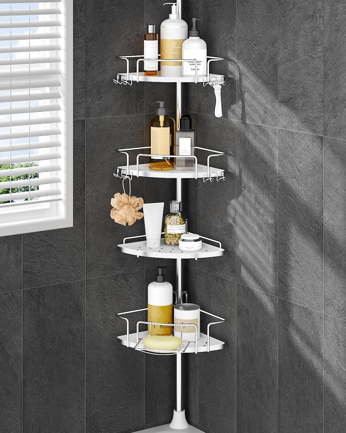 ALLZONE Rustproof Shower Caddy Corner for Bathroom,Bathtub Storage Organizer for Shampoo Accessories,4-Tier Adjustable Shelves with Tension Pole, 34 to 116 Inch, Black