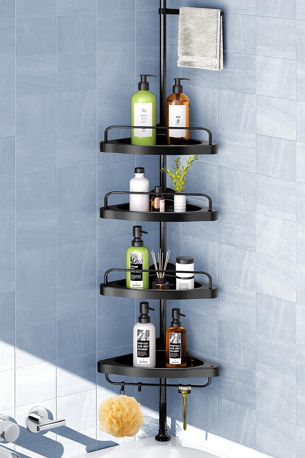 HAMITOR Corner Shower Caddy Tension Pole: Adjustable Stainless Steel Shower Organizer with 4 Tier Shelf for Bathroom Bathtub Tub Shampoo - Floor Standing Rack Bath Storage Holder with Rust Proof Rods