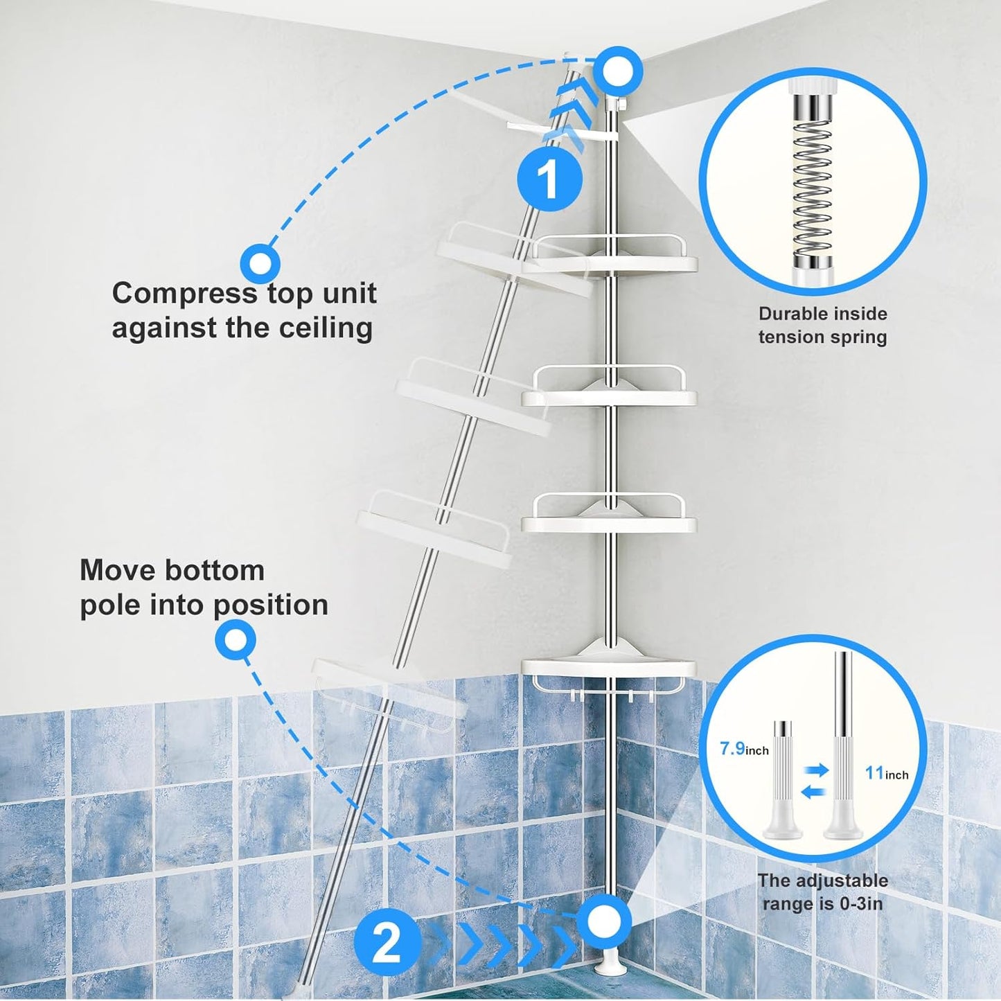 HAMITOR Corner Shower Caddy Tension Pole: Adjustable Stainless Steel Shower Organizer with 4 Tier Shelf for Bathroom Bathtub Tub Shampoo - Floor Standing Rack Bath Storage Holder with Rust Proof Rods