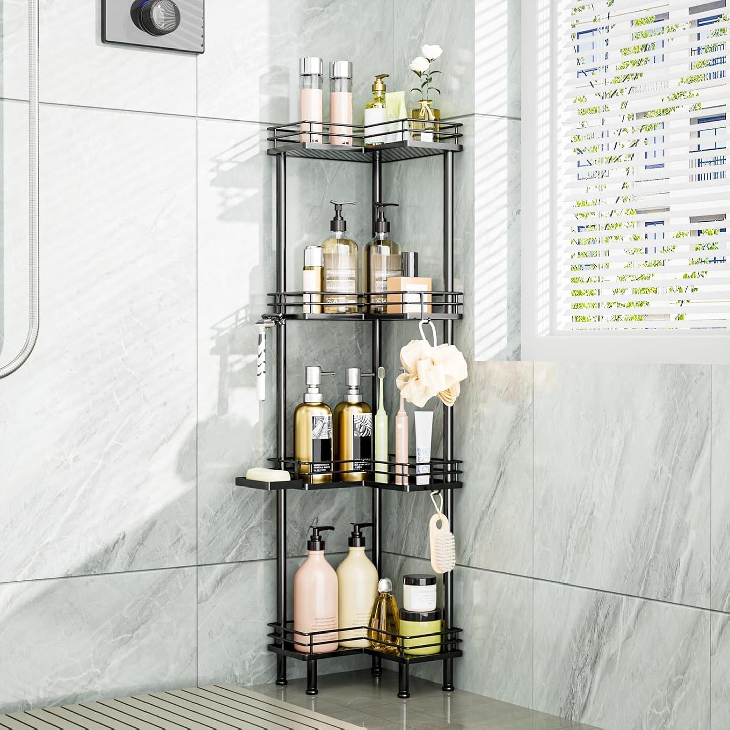 Consumest Corner Shower Caddy Standing - 3-Tier Stainless Steel Shower Organizer with Soap Holder and 4 Hooks, Large Capacity Corner Shelf Stand for Bathroom, Rest Room, Black