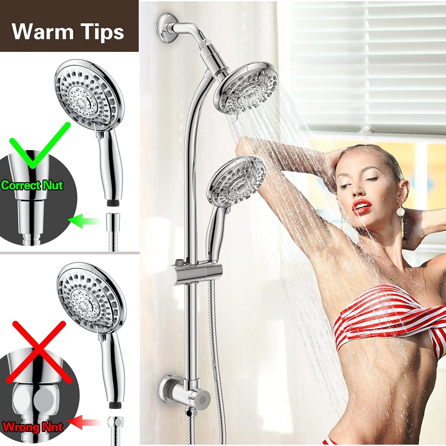 Handheld Showerhead & Rain Shower Combo for Easy Reach, 27.5" Drill-free Stainless Steel Slide Bar, 5”of 5-setting Handheld Shower and Showerhead, with 5ft Hose - Polished Chrome