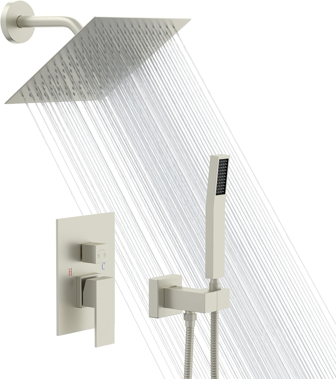 Lordear 12 Inch Rainfall Shower System Wall Mounted Shower Head Faucet Set Gold Brushed Stainless Steel Showerhead with Handheld Combo, Brass Valve Included