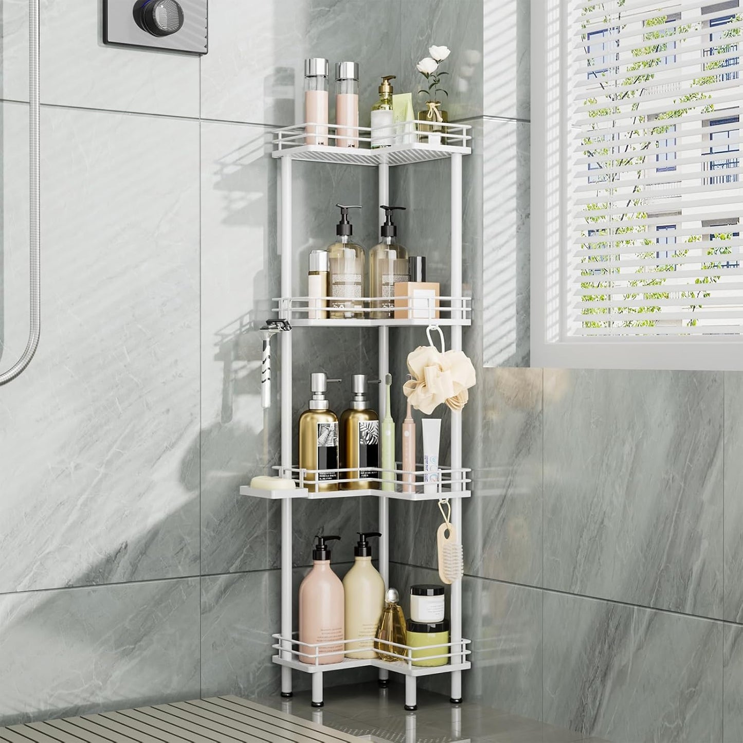 Consumest Corner Shower Caddy Standing - 3-Tier Stainless Steel Shower Organizer with Soap Holder and 4 Hooks, Large Capacity Corner Shelf Stand for Bathroom, Rest Room, Black