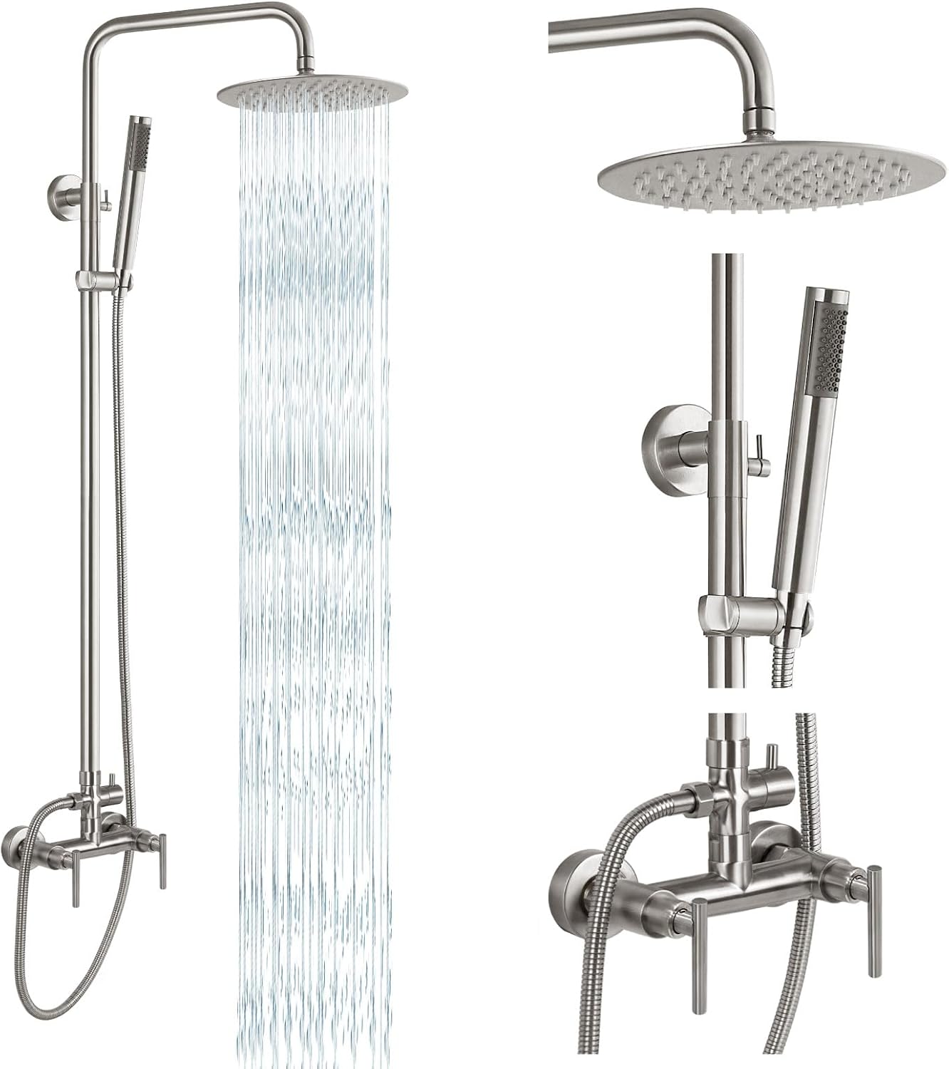 gotonovo Outdoor Shower Fixtures SUS304 Stainless Steel Rain Shower Kit Faucet High Pressure Wall Mount 2 Dual Function 8 Inch Showerhead and Handheld Spray Combo, Single Handle, Brushed Nickel