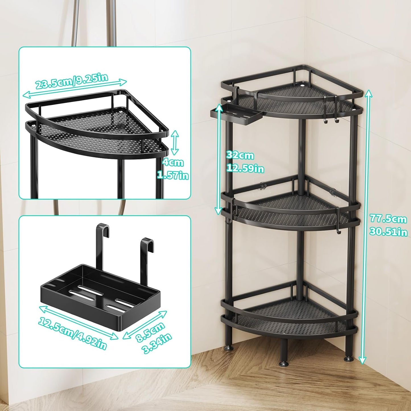 HapiRm Standing Corner Shower Caddy - 3 Tier Shower Organizer Corner with Soap Holder and 4 Hooks, Rustproof Bathroom Storage Shelves with Adhesives, Black