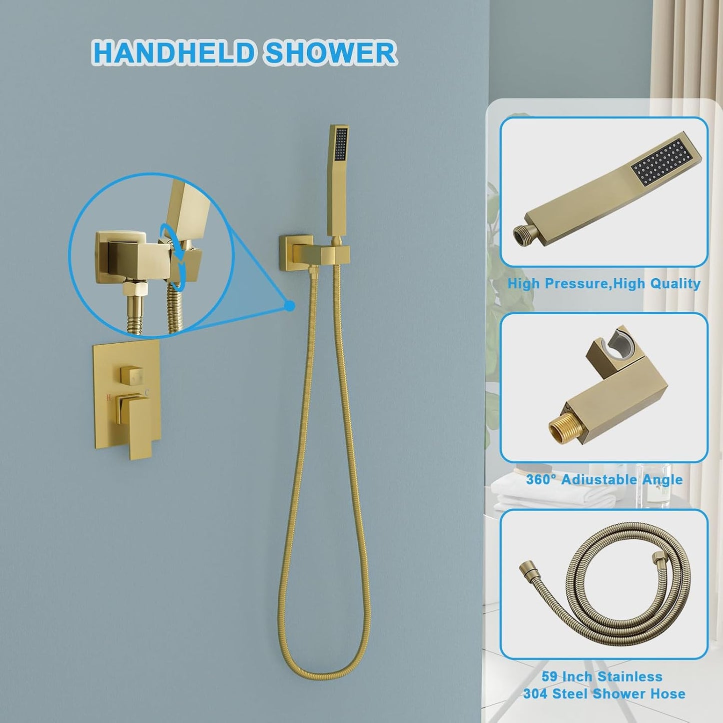 Lordear 12 Inch Rainfall Shower System Wall Mounted Shower Head Faucet Set Gold Brushed Stainless Steel Showerhead with Handheld Combo, Brass Valve Included