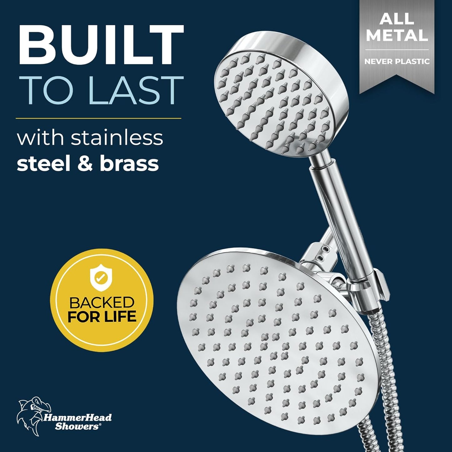 HammerHead Showers® ALL METAL Dual Shower Head Combo – CHROME – 8 Inch Rainfall High Flow Shower Head & Handheld Shower Head High Pressure with Hose 6ft - Hotel-Like Double Shower Heads