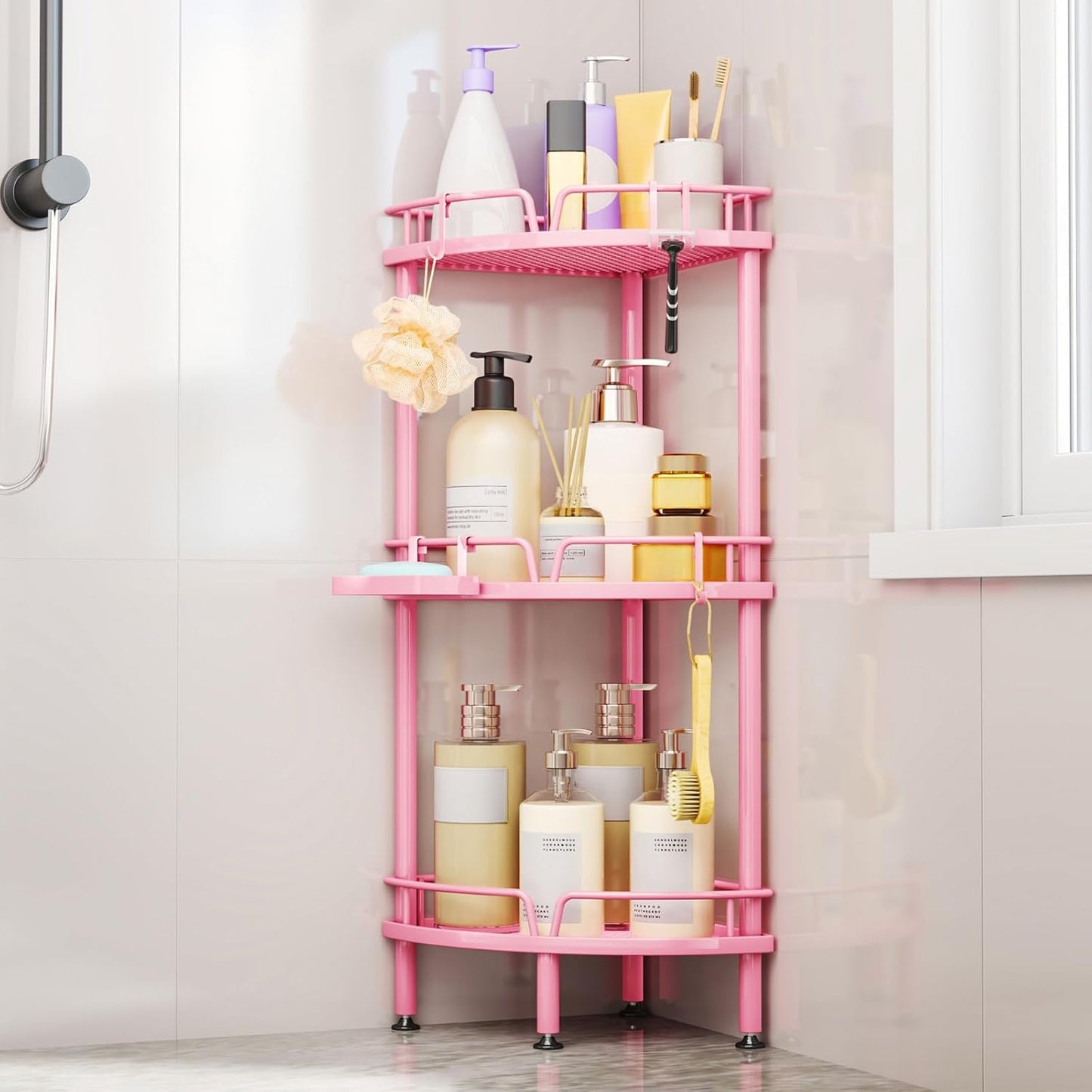 Consumest Corner Shower Caddy Stand - 3 Tier Shower Organizer with Soap Holder, Tall Floor Corner Shelf Standing with Adjustable Feet & 4 Hooks, Storage Rack for Bathroom Black