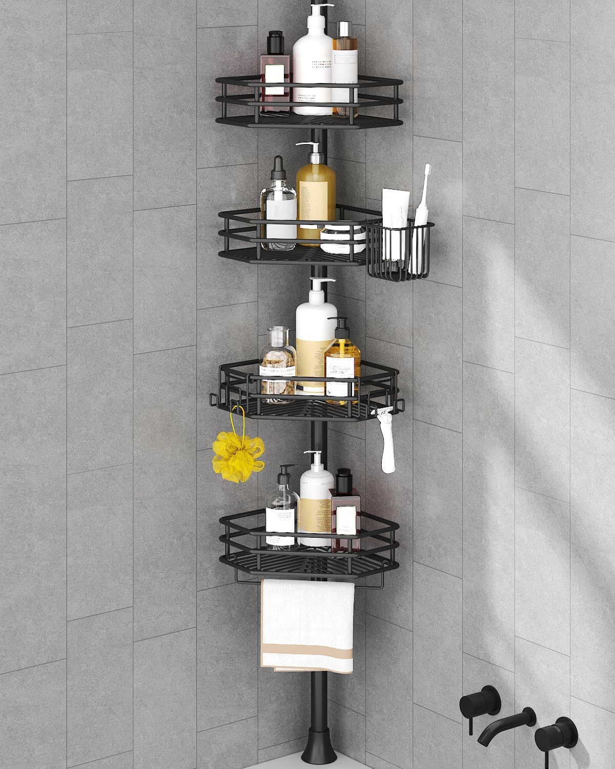 SEIRIONE Corner Shower Caddy Tension Pole, Quick Setup, Rust-Free Bathroom Shower Organizer Corner for Bathtub Shampoo Storage, 4-Tier Adjustable Shelf, Drill Free, Fits 34 to 116 Inch Height, Silver