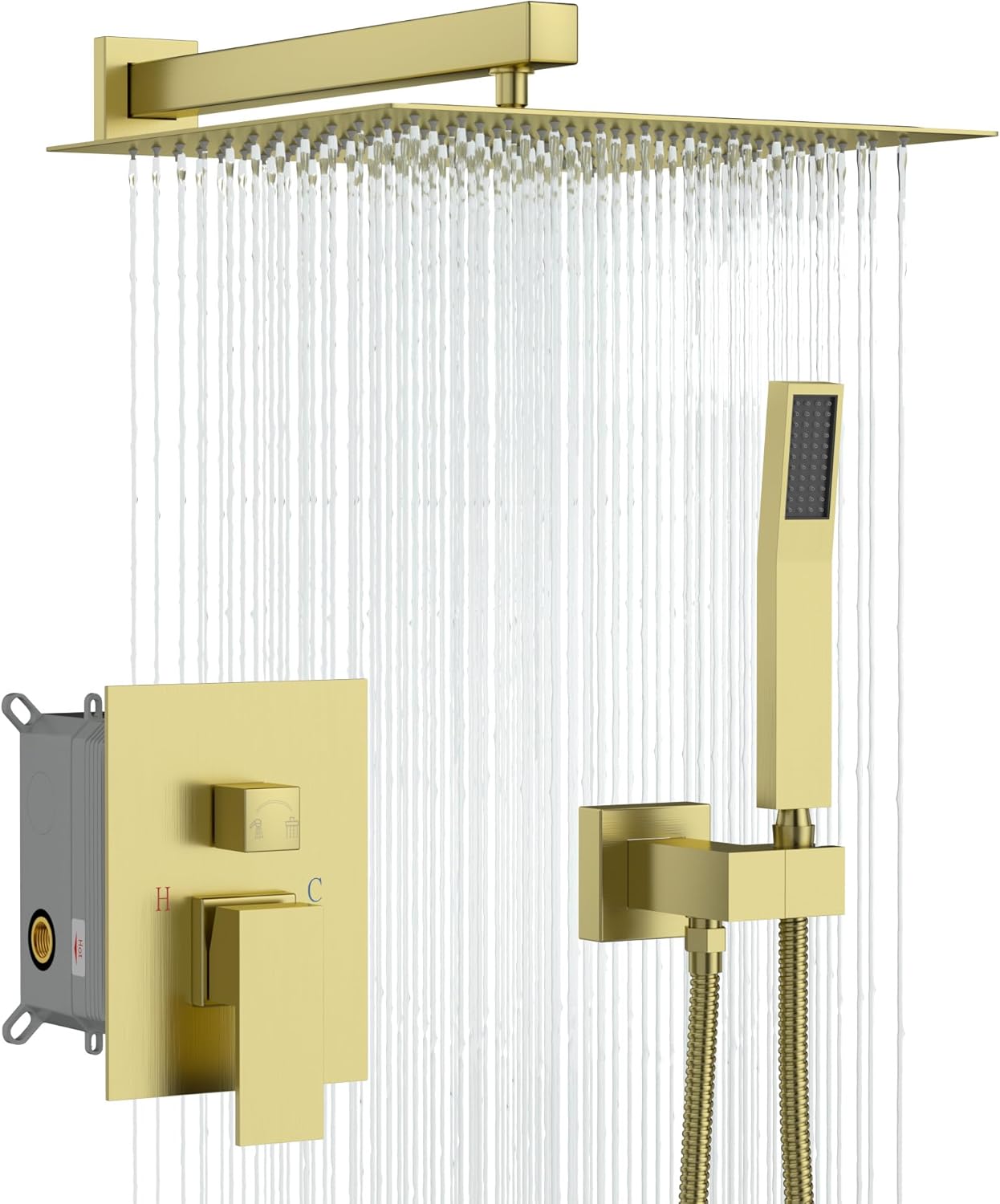 Lordear 12 Inch Rainfall Shower System Wall Mounted Shower Head Faucet Set Gold Brushed Stainless Steel Showerhead with Handheld Combo, Brass Valve Included