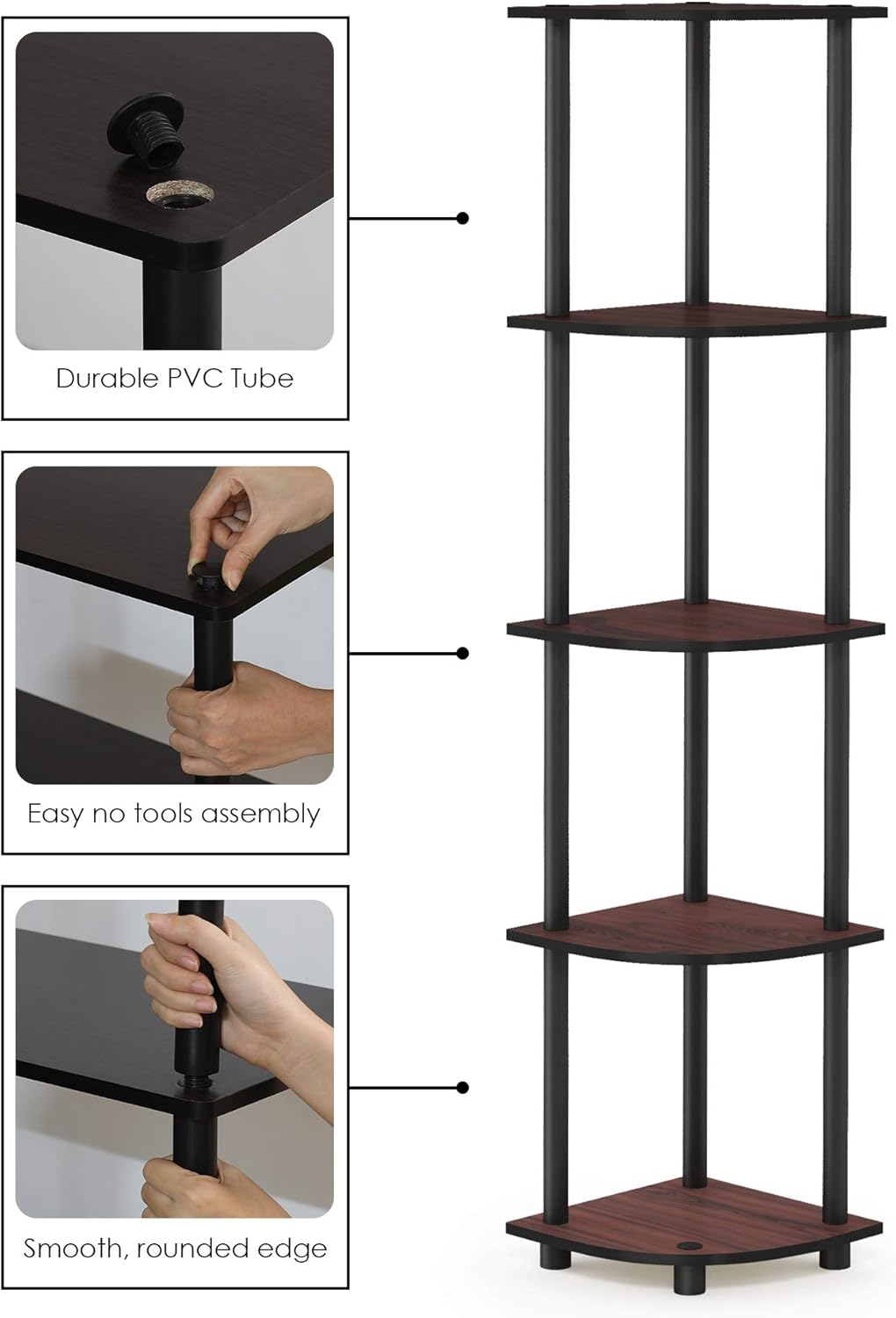 Furinno Turn-N-Tube 5 Tier Corner Display Rack Multipurpose Shelving Unit, 1-Pack, Dark Cherry/Black