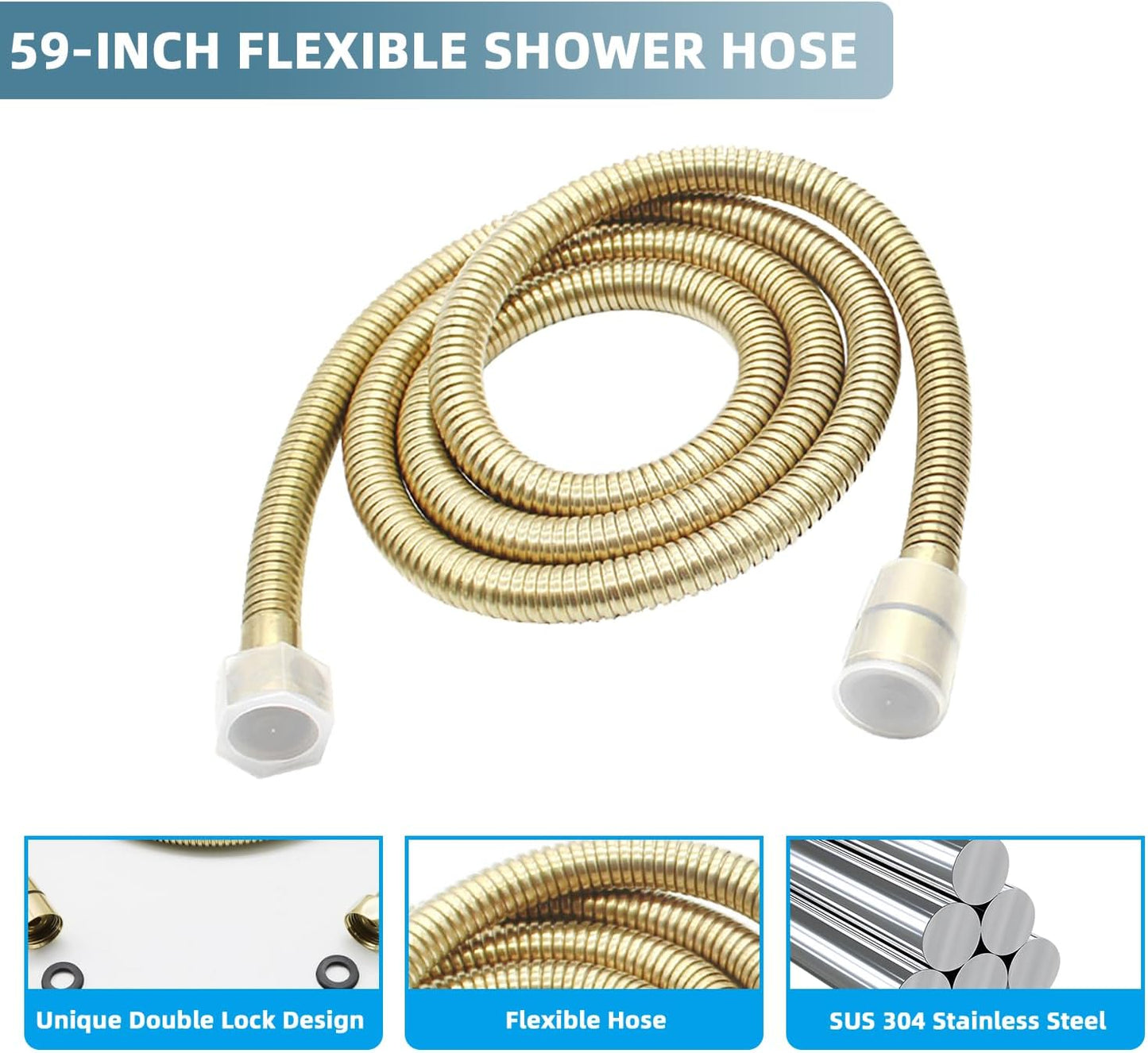Solid Brass Handheld Shower Head Arc Design High Pressure Brushed Gold Hand Shower Wand with Adjustable Supply Elbow Wall Connector Shower Holder and 59″ Stainless Steel Hose Set
