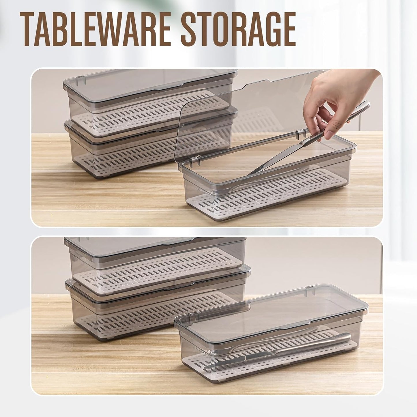 Remerry 6 Pcs Flatware Tray with Lid and Drainer, Plastic Utensil Organizer, Kitchen Cutlery Transparent Storage Box with Lid and Drain Rack, Drawer Tableware Storage Box for Home and Travel (Grey)