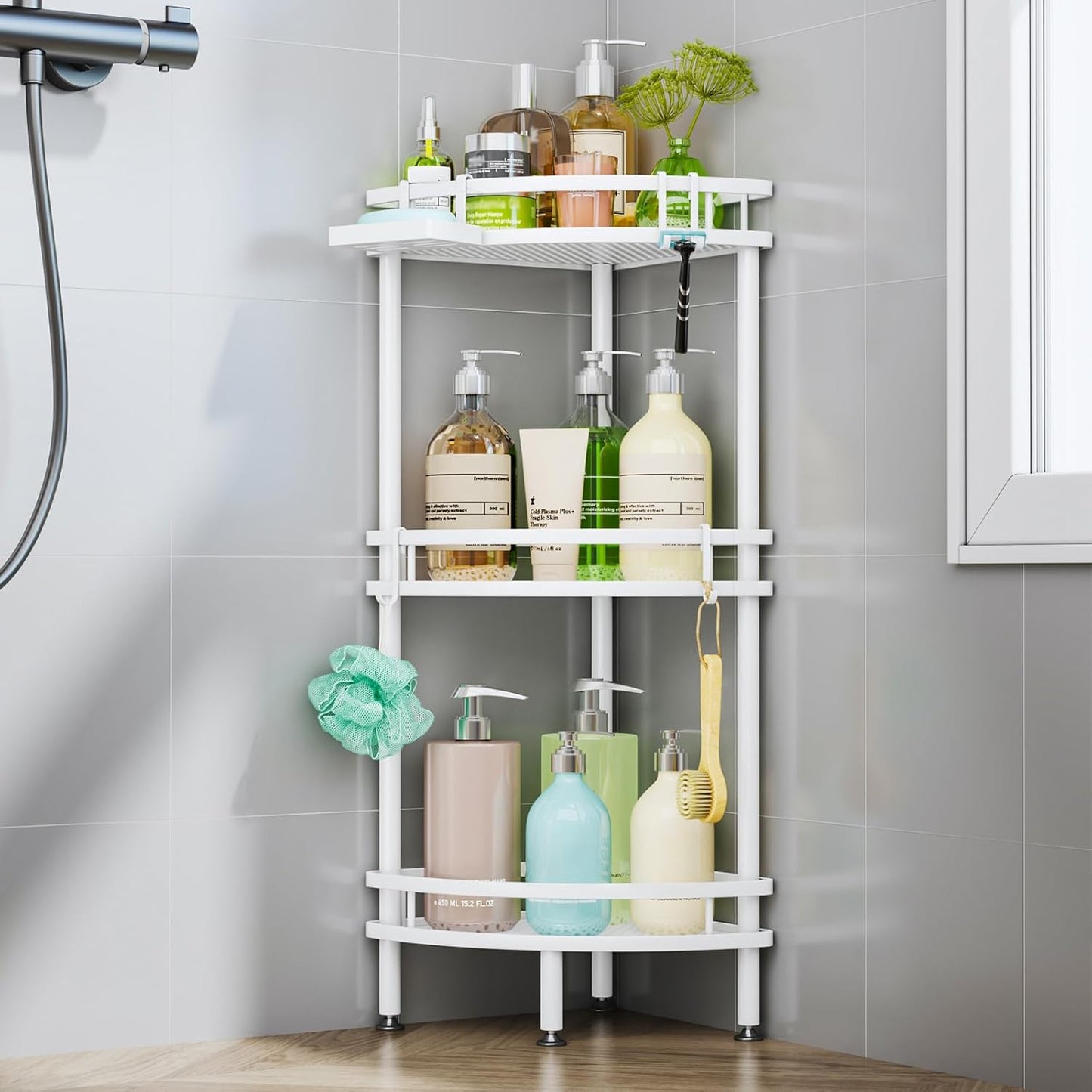 HapiRm Standing Corner Shower Caddy - 3 Tier Shower Organizer Corner with Soap Holder and 4 Hooks, Rustproof Bathroom Storage Shelves with Adhesives, Black