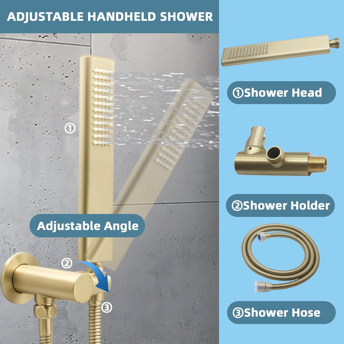 Solid Brass Handheld Shower Head Arc Design High Pressure Brushed Gold Hand Shower Wand with Adjustable Supply Elbow Wall Connector Shower Holder and 59″ Stainless Steel Hose Set