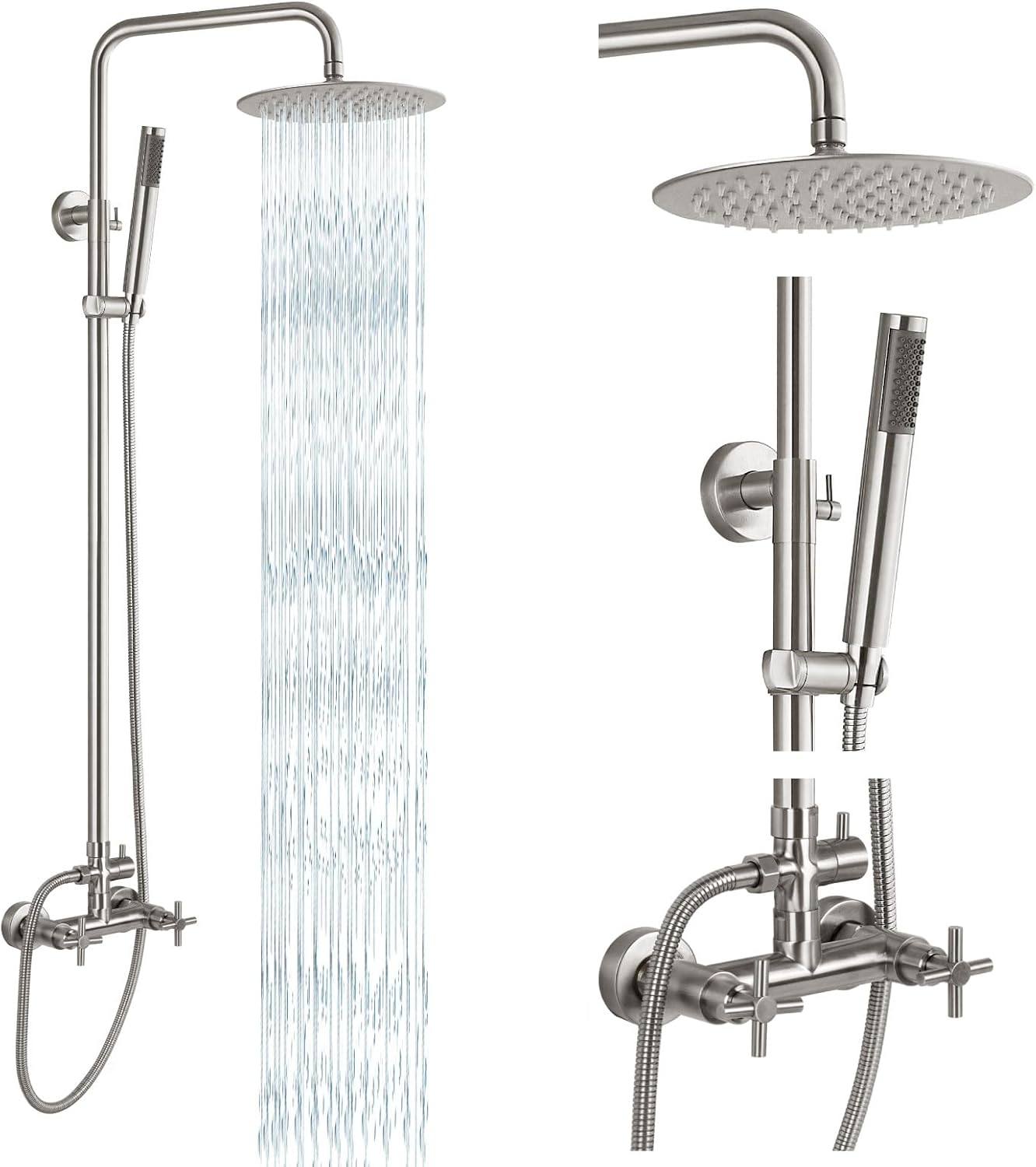 gotonovo Outdoor Shower Fixtures SUS304 Stainless Steel Rain Shower Kit Faucet High Pressure Wall Mount 2 Dual Function 8 Inch Showerhead and Handheld Spray Combo, Single Handle, Brushed Nickel