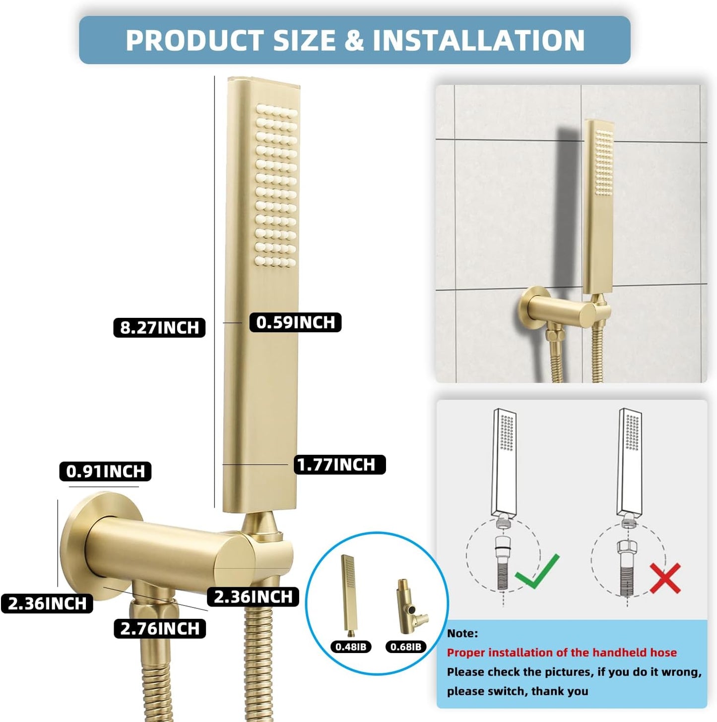 Solid Brass Handheld Shower Head Arc Design High Pressure Brushed Gold Hand Shower Wand with Adjustable Supply Elbow Wall Connector Shower Holder and 59″ Stainless Steel Hose Set