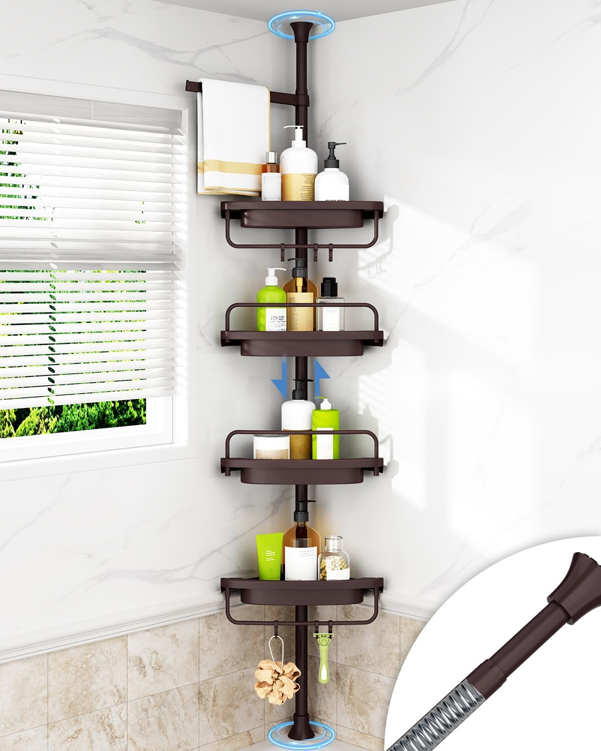 ALLZONE Rustproof Shower Caddy Corner for Bathroom,Bathtub Storage Organizer for Shampoo Accessories,4-Tier Adjustable Shelves with Tension Pole, 34 to 116 Inch, Black