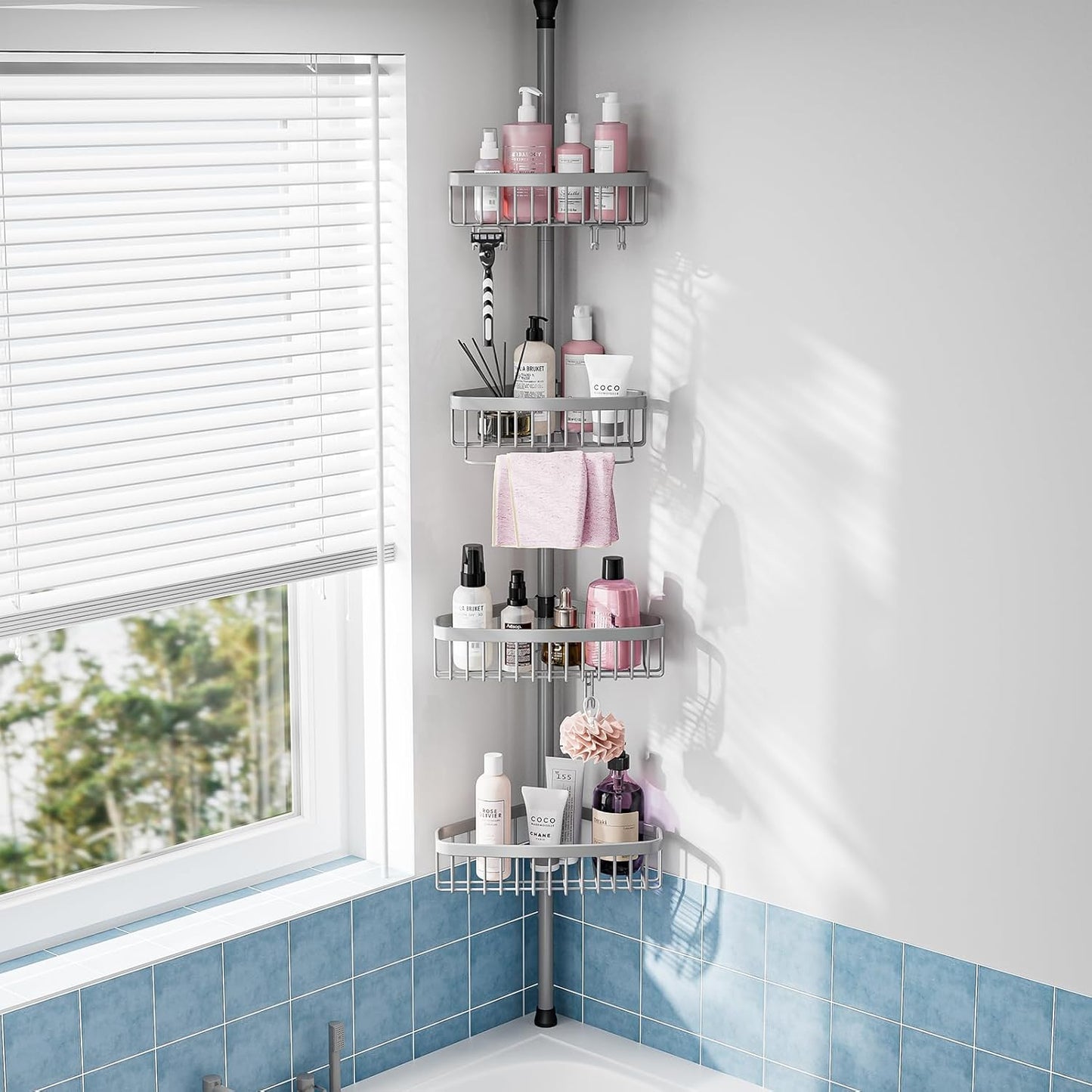 Corner Shower Caddy Tension Pole: Stainless Steel Rustproof 4-Tier Shower Organizer - 47-121 inch Adjustable Bathroom Shelves for Bathtub Shampoo Storage - Tension Rod Floor Standing Bath Rack - Black