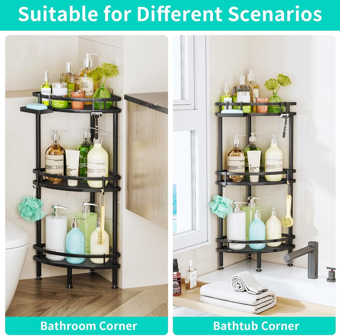HapiRm Standing Corner Shower Caddy - 3 Tier Shower Organizer Corner with Soap Holder and 4 Hooks, Rustproof Bathroom Storage Shelves with Adhesives, Black