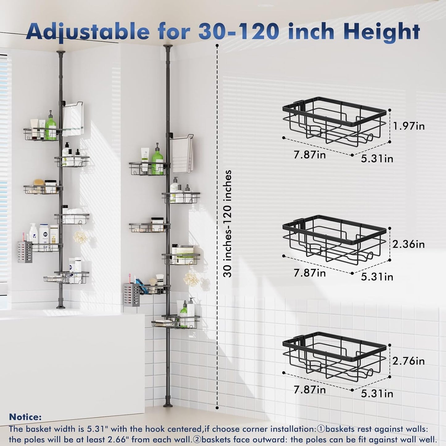 Shower Caddy Organizer Tension Pole, Rustproof 6-Pack Corner Shelf with 30-120 Inch Adjustable Shower Rack for Inside Shower, Extra Towel Bar & Soap Dish for Bathroom Organizers and Storage, Black