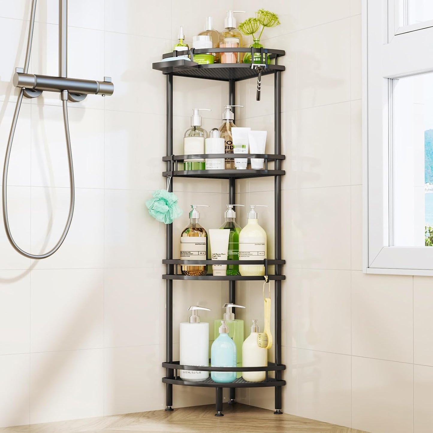 HapiRm Standing Corner Shower Caddy - 3 Tier Shower Organizer Corner with Soap Holder and 4 Hooks, Rustproof Bathroom Storage Shelves with Adhesives, Black