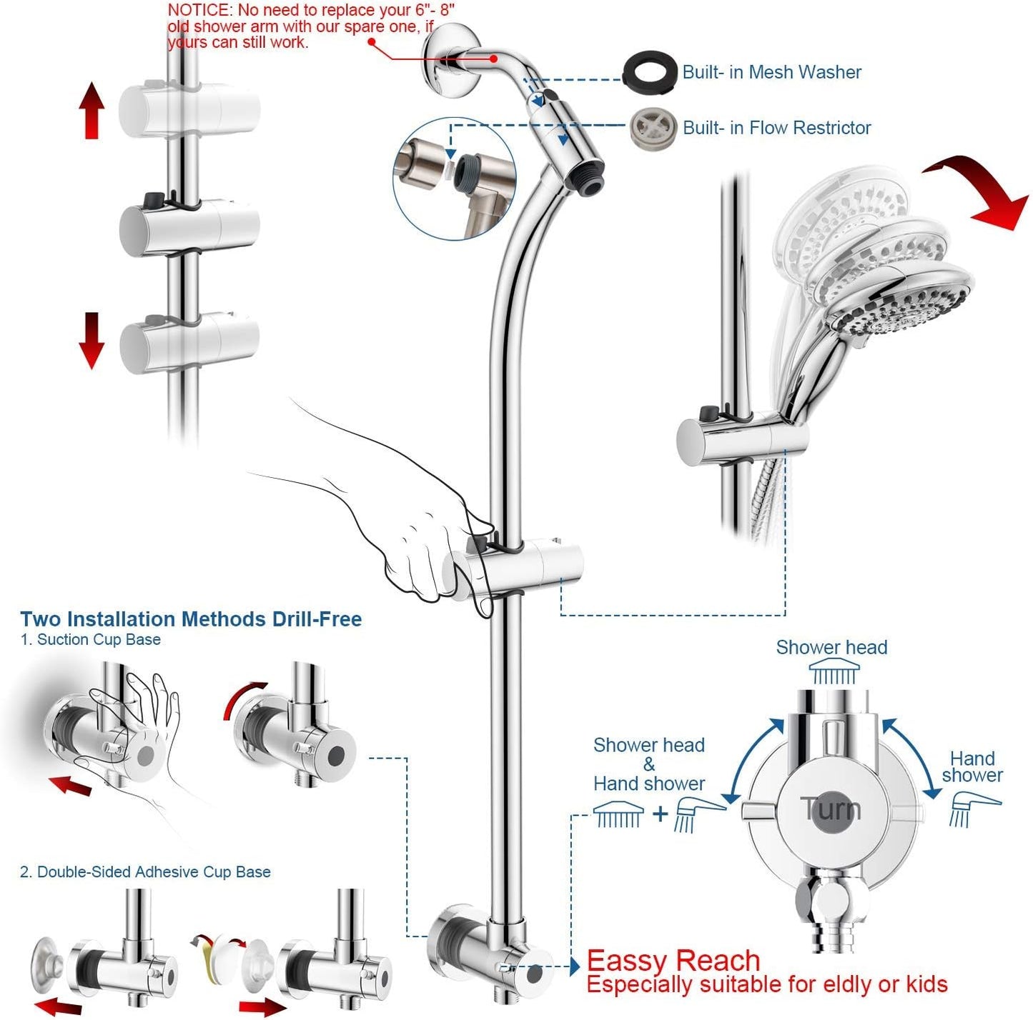 Handheld Showerhead & Rain Shower Combo for Easy Reach, 27.5" Drill-free Stainless Steel Slide Bar, 5”of 5-setting Handheld Shower and Showerhead, with 5ft Hose - Polished Chrome