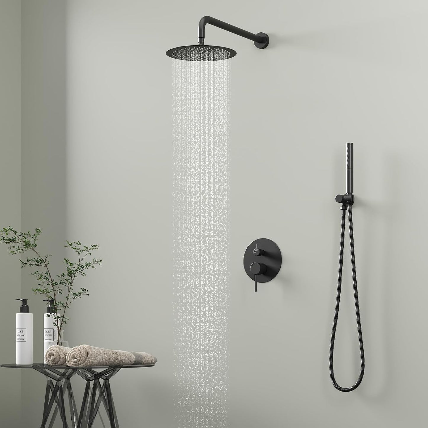 BESy Shower System with 10 Inch Round Rain Shower Head and Handheld Wall Mounted, High Pressure Rainfall Heads Shower Faucet Fixture Combo Set with 2 in 1 Spray Showerhead for Bathroom, Matte Black