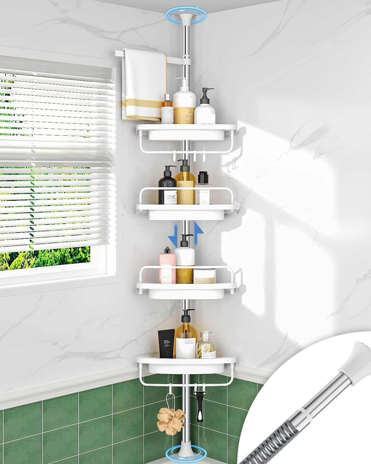ALLZONE Rustproof Shower Caddy Corner for Bathroom,Bathtub Storage Organizer for Shampoo Accessories,4-Tier Adjustable Shelves with Tension Pole, 34 to 116 Inch, Black