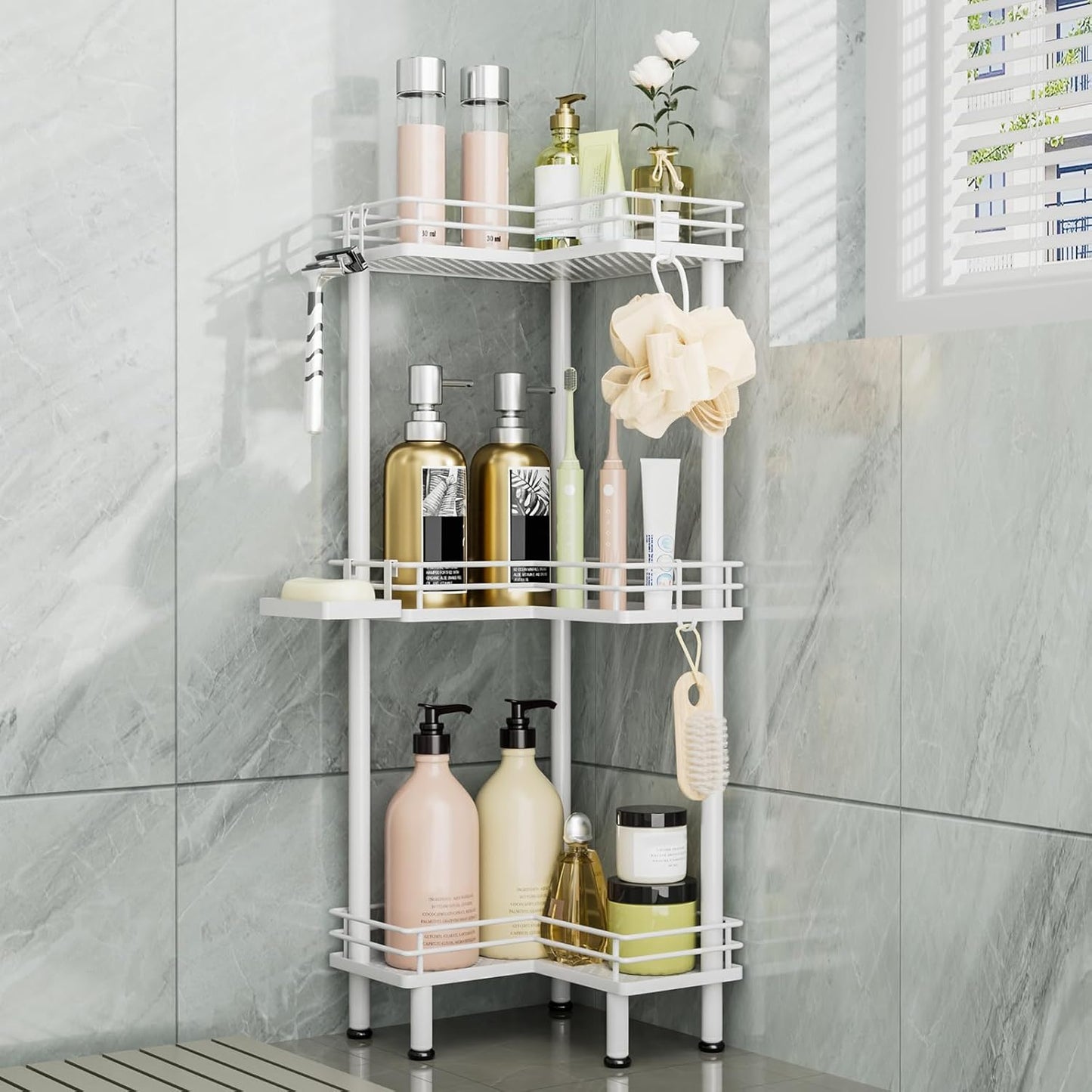 Consumest Corner Shower Caddy Standing - 3-Tier Stainless Steel Shower Organizer with Soap Holder and 4 Hooks, Large Capacity Corner Shelf Stand for Bathroom, Rest Room, Black