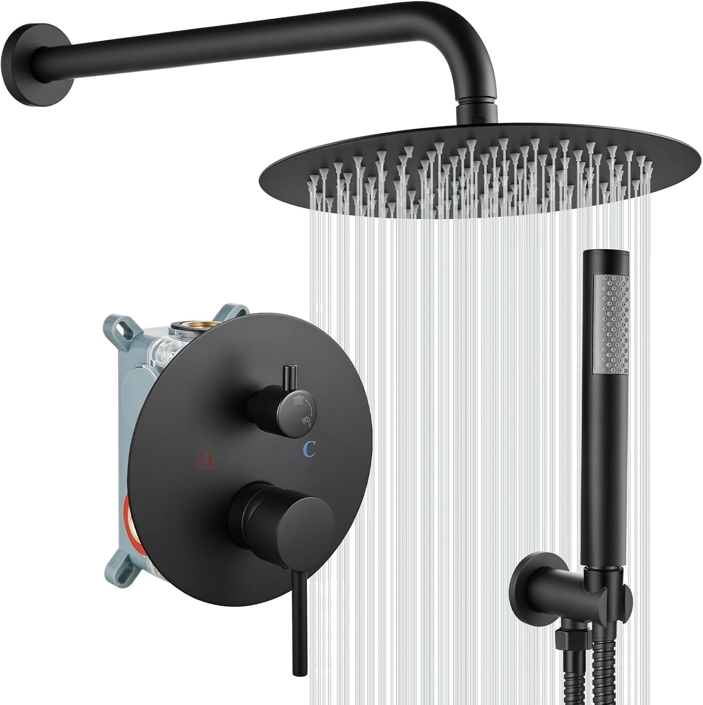 gotonovo Shower System 10 Inch Round Rainfall Showerhead Wall Mounted High Pressure Shower Faucet Set Fixture Combo with Rough in Valve and Cylindrical Handheld Spray, Matte Black