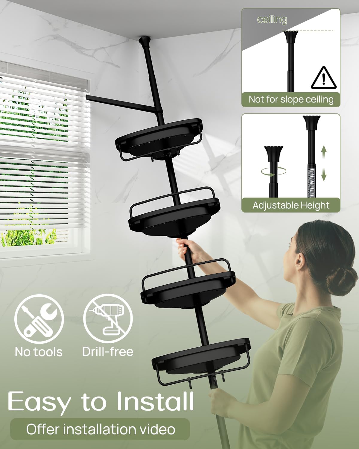 ALLZONE Rustproof Shower Caddy Corner for Bathroom,Bathtub Storage Organizer for Shampoo Accessories,4-Tier Adjustable Shelves with Tension Pole, 34 to 116 Inch, Black