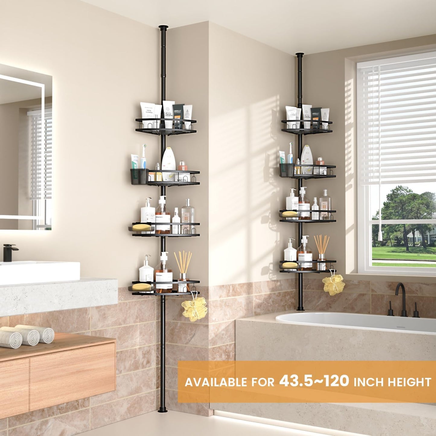 Tension Pole Shower Caddy Corner: Adjustable 4tier Bathroom Organizer Shelves - Rustproof Bathtub Shampoo Rack 43.5-120 inch
