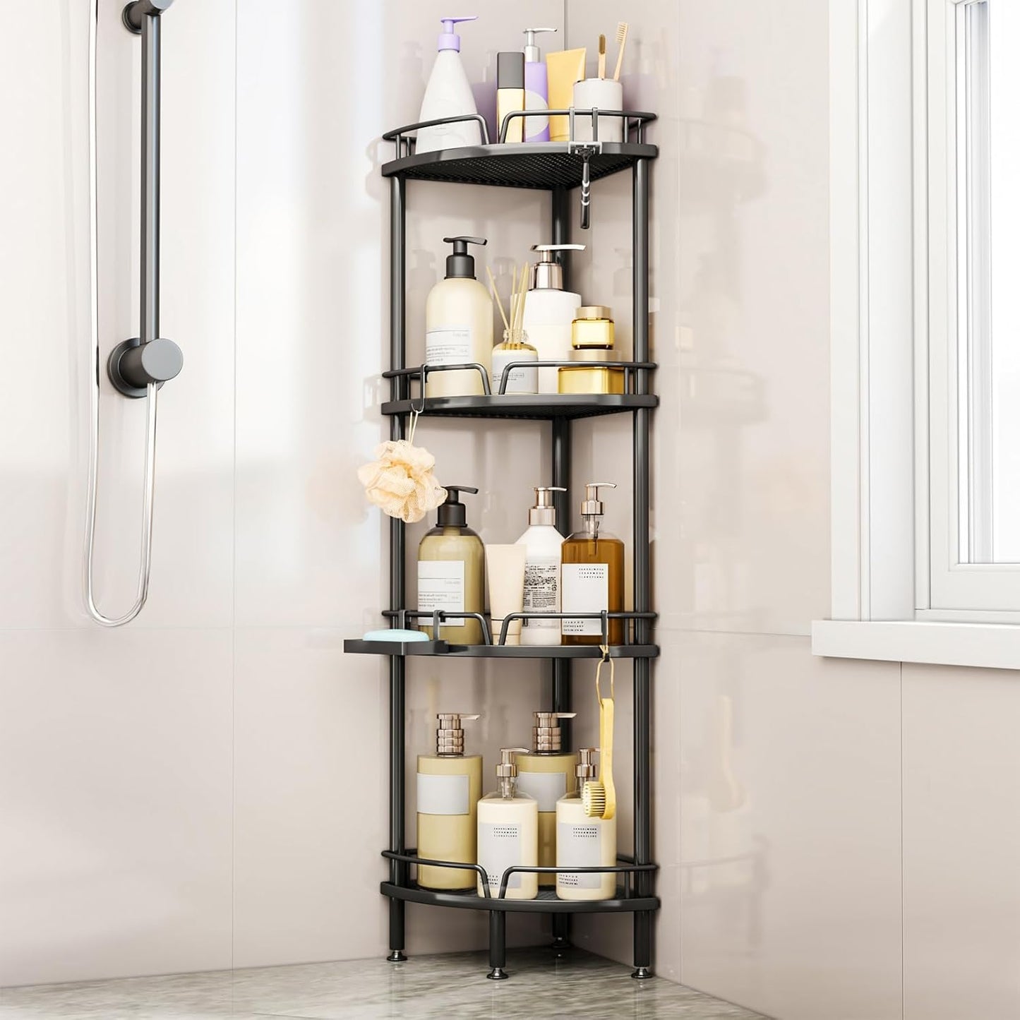 Consumest Corner Shower Caddy Stand - 3 Tier Shower Organizer with Soap Holder, Tall Floor Corner Shelf Standing with Adjustable Feet & 4 Hooks, Storage Rack for Bathroom Black