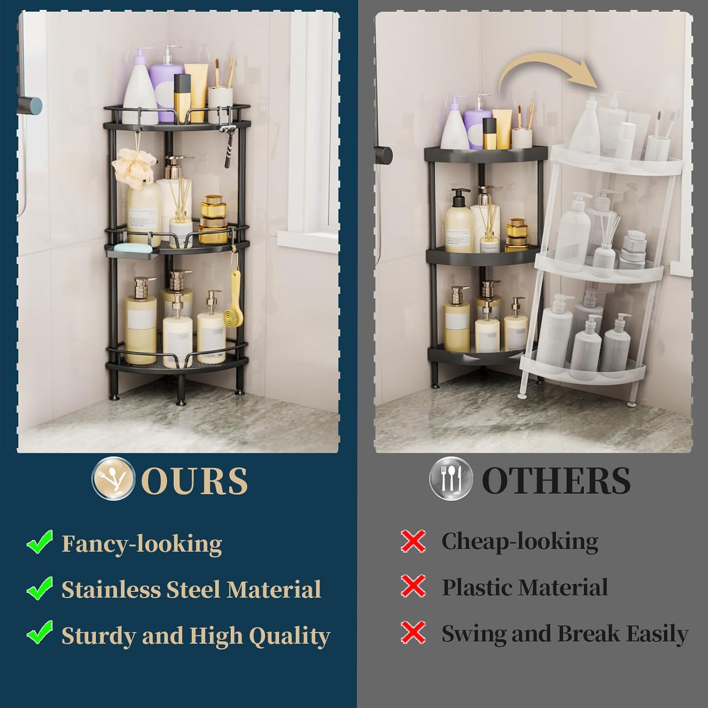 Consumest Corner Shower Caddy Stand - 3 Tier Shower Organizer with Soap Holder, Tall Floor Corner Shelf Standing with Adjustable Feet & 4 Hooks, Storage Rack for Bathroom Black