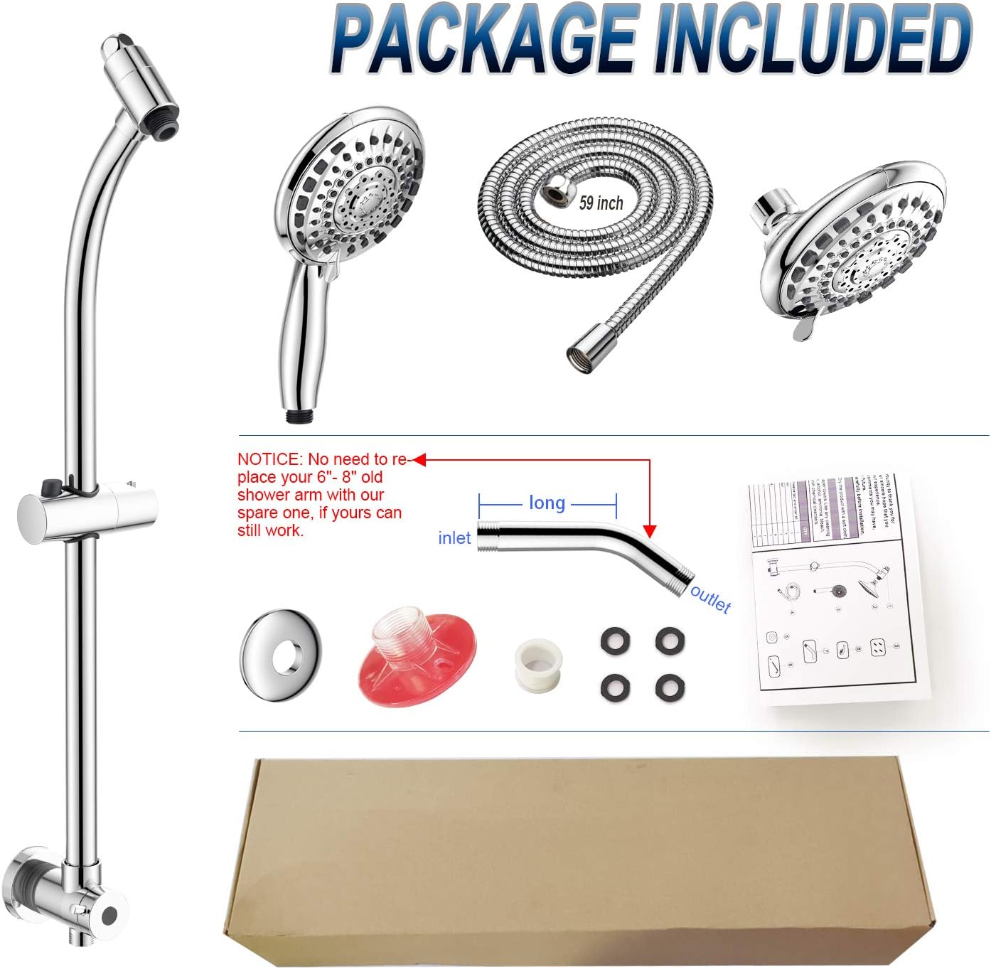 Handheld Showerhead & Rain Shower Combo for Easy Reach, 27.5" Drill-free Stainless Steel Slide Bar, 5”of 5-setting Handheld Shower and Showerhead, with 5ft Hose - Polished Chrome