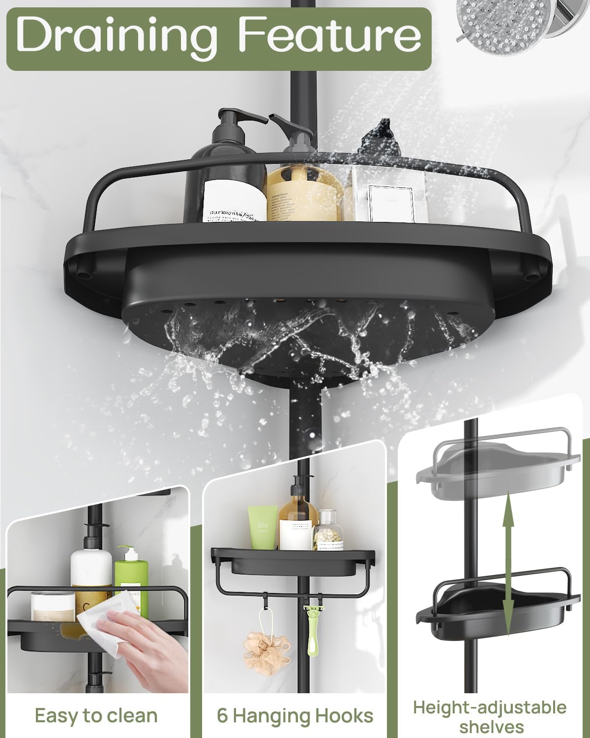 ALLZONE Rustproof Shower Caddy Corner for Bathroom,Bathtub Storage Organizer for Shampoo Accessories,4-Tier Adjustable Shelves with Tension Pole, 34 to 116 Inch, Black
