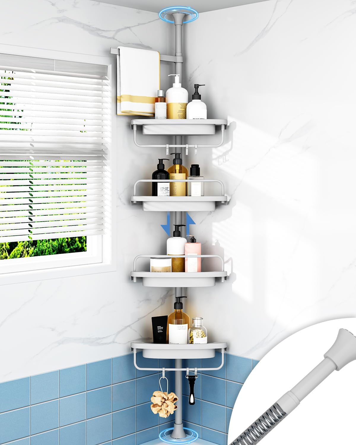 ALLZONE Rustproof Shower Caddy Corner for Bathroom,Bathtub Storage Organizer for Shampoo Accessories,4-Tier Adjustable Shelves with Tension Pole, 34 to 116 Inch, Black