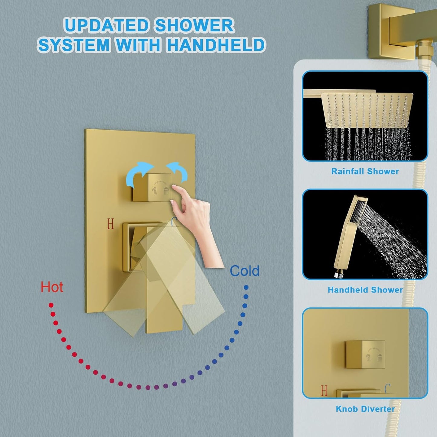 Lordear 12 Inch Rainfall Shower System Wall Mounted Shower Head Faucet Set Gold Brushed Stainless Steel Showerhead with Handheld Combo, Brass Valve Included