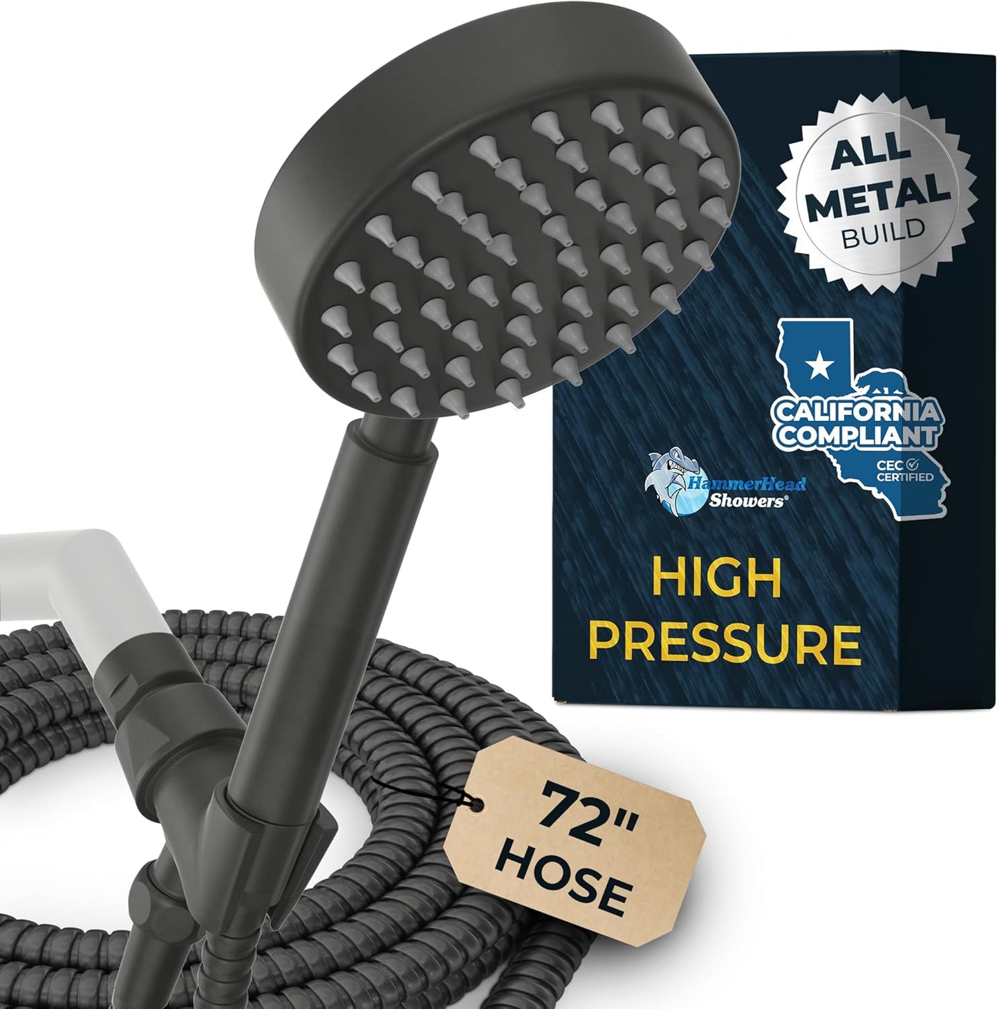 HammerHead Showers® ALL METAL Handheld Shower Head with Hose and Brass Holder - CHROME - 2.5 GPM High Pressure Shower Heads with Adjustable Shower Wand Bracket - 6ft Flexible Extension